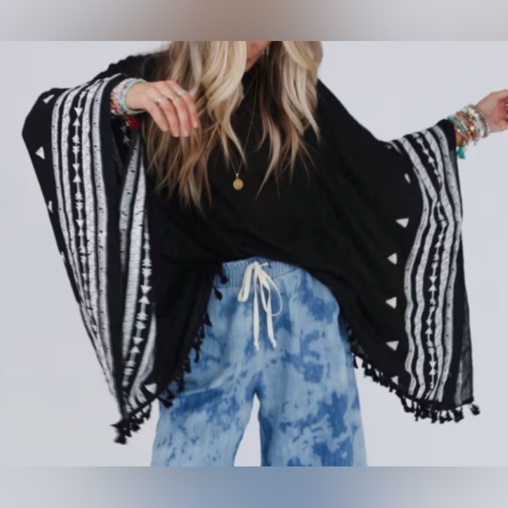 Black and White Poncho with Tassels
